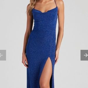 alondra cowl neck metallic glitter formal dress